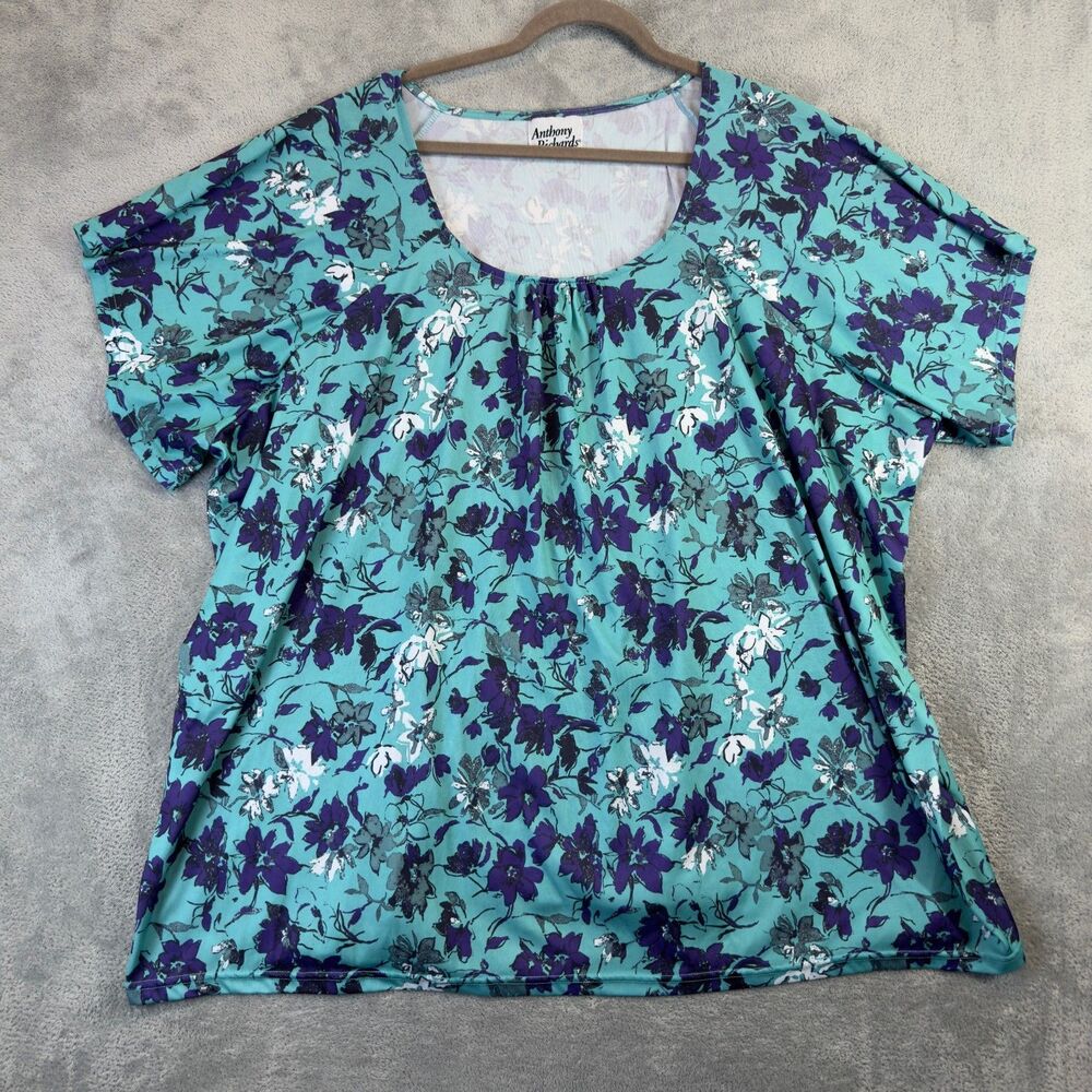 Anthony Richards Top Womens 4X Blue Floral Short Sleeve Plus Size Stretch Cute